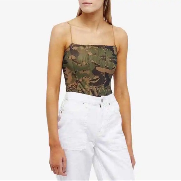 Good American Leaf CAMO001 NWT Printed Mesh Corset Bodysuit with snaps. - Picture 1 of 15